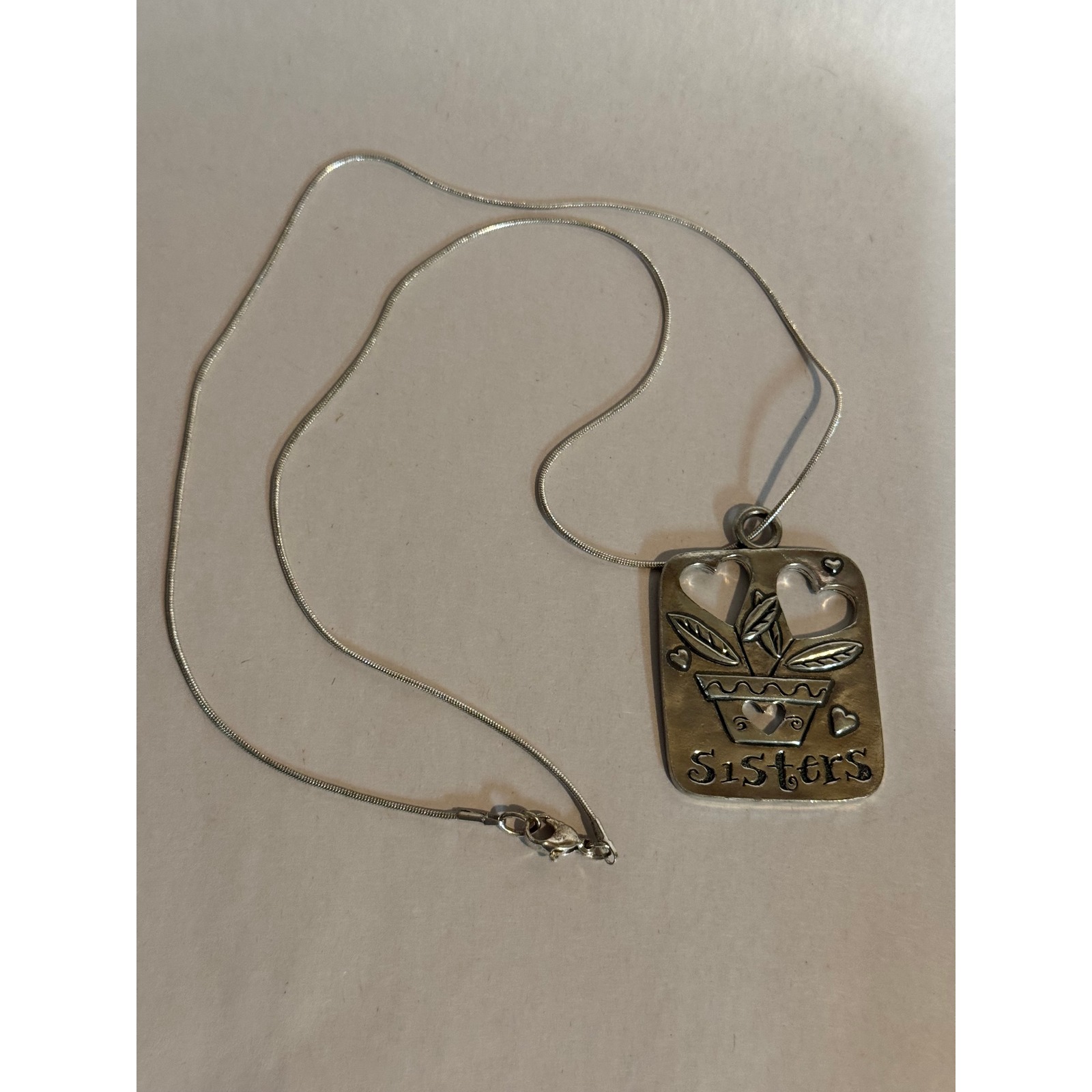 Seagull Pewter Sisters Heart Flower Pot Pendant Necklace Silver Tone Snake Chain